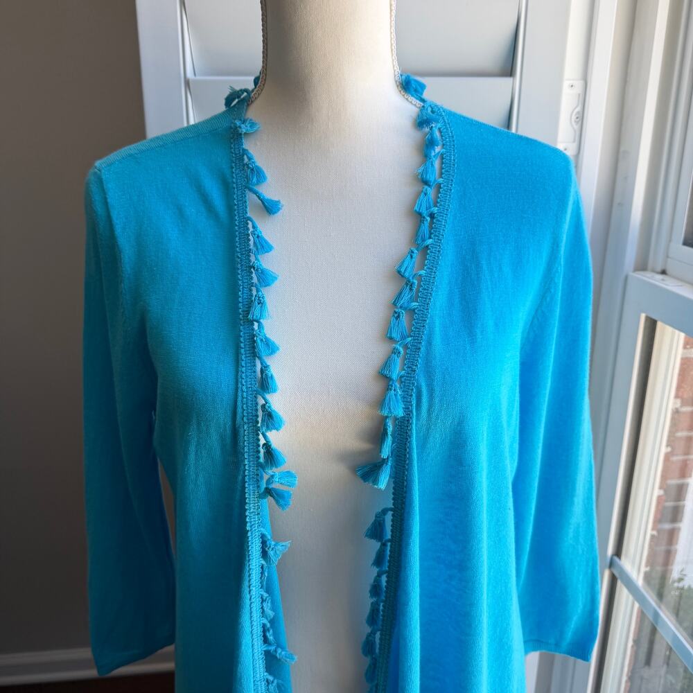 CHICO'S Blue Linen Blend Tassel Trim Open Front Cardigan Boho Sweater Size 1 - Picture 6 of 12